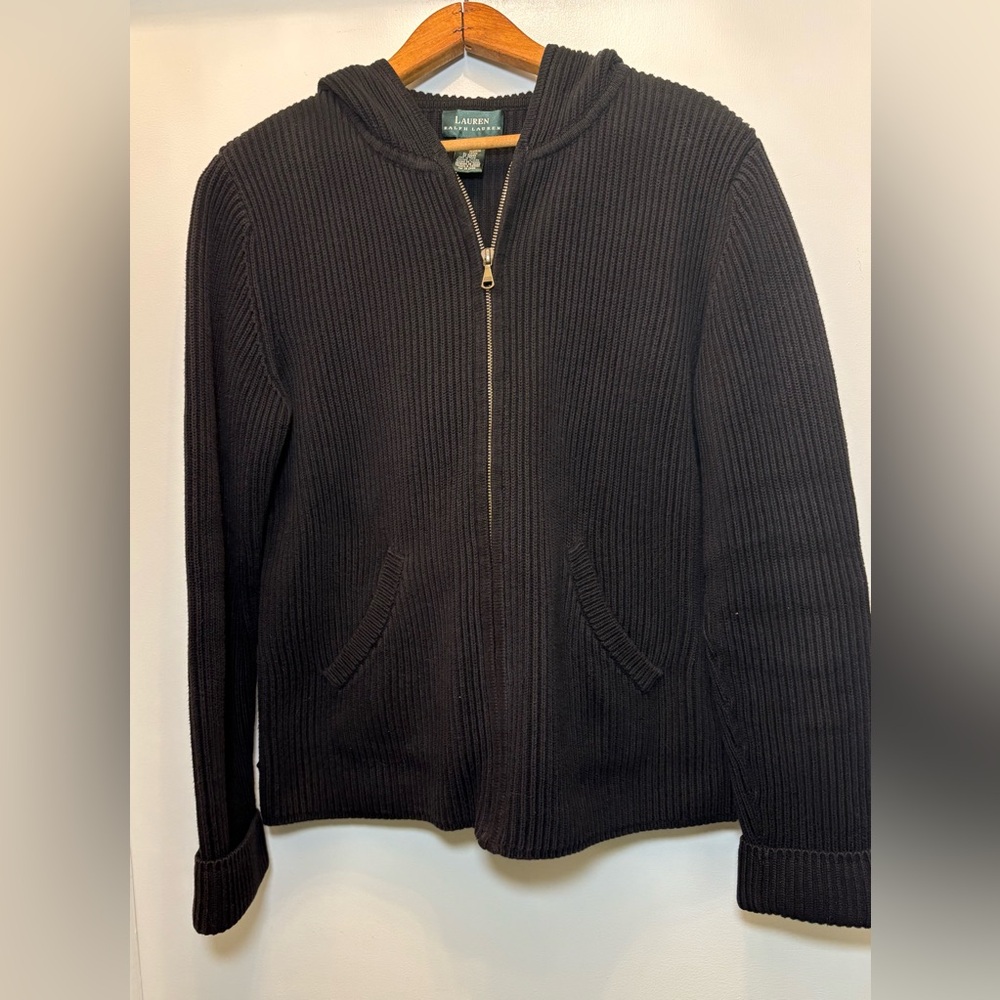 Lauren Ralph Lauren Full Zip Hoodie Black Sz L 100% Cotton